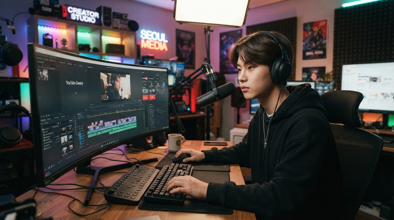 컴퓨터로 영상 작업을 하는 학생